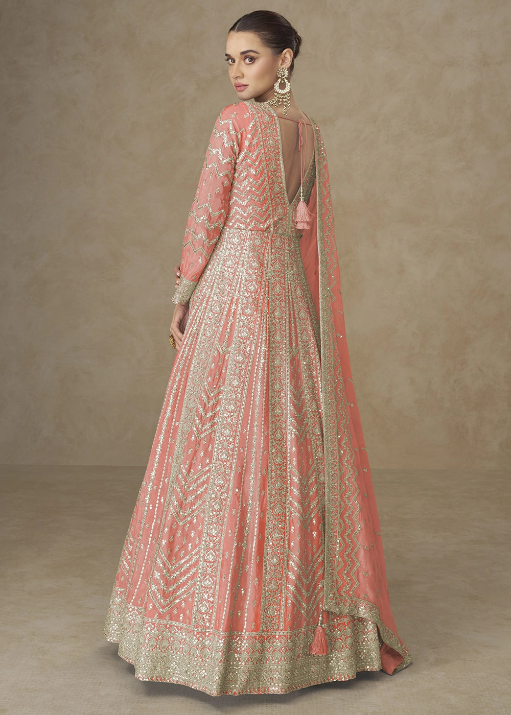 Salmon Orange Chinon Silk Anarkali Gown with Elegant Embroidery Work