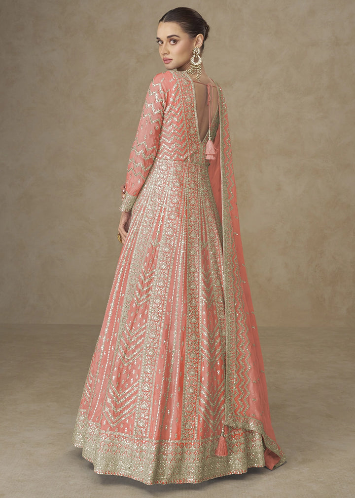 Salmon Orange Chinon Silk Anarkali Gown with Elegant Embroidery Work