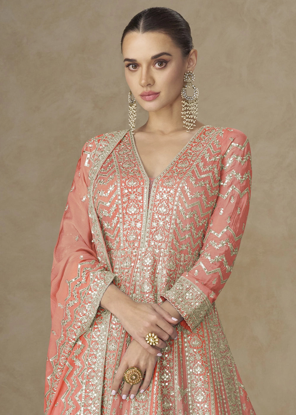 Salmon Orange Chinon Silk Anarkali Gown with Elegant Embroidery Work