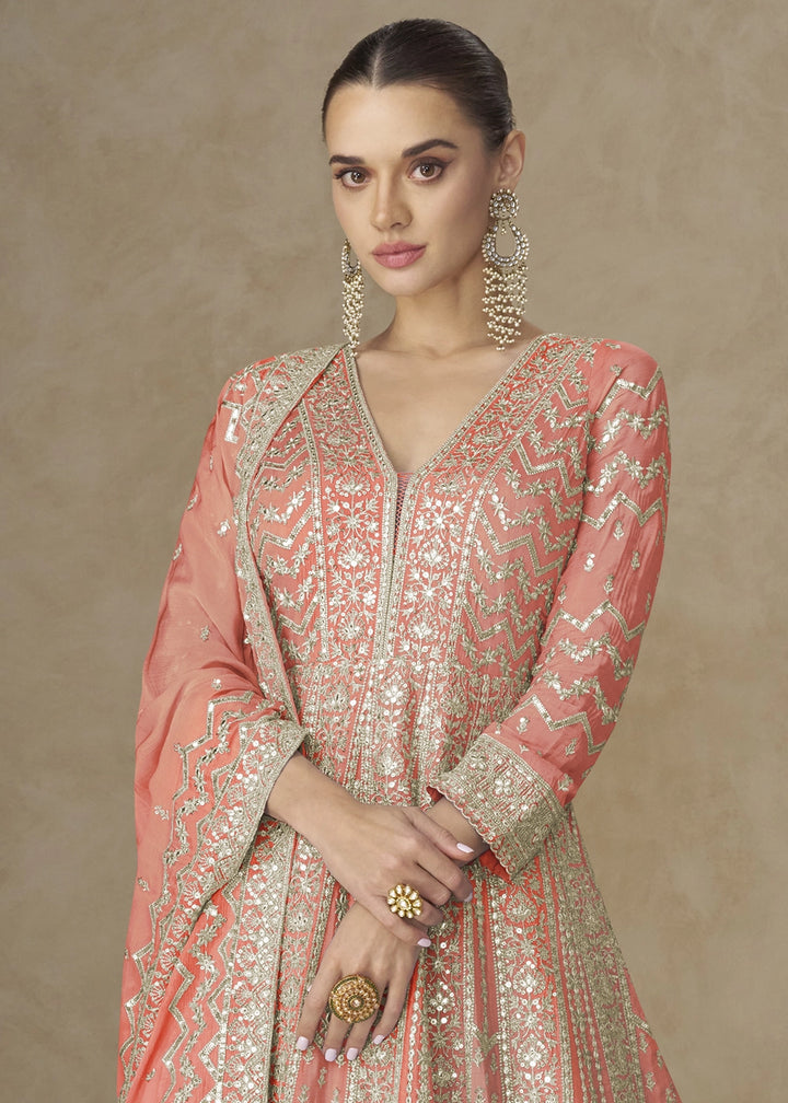 Salmon Orange Chinon Silk Anarkali Gown with Elegant Embroidery Work