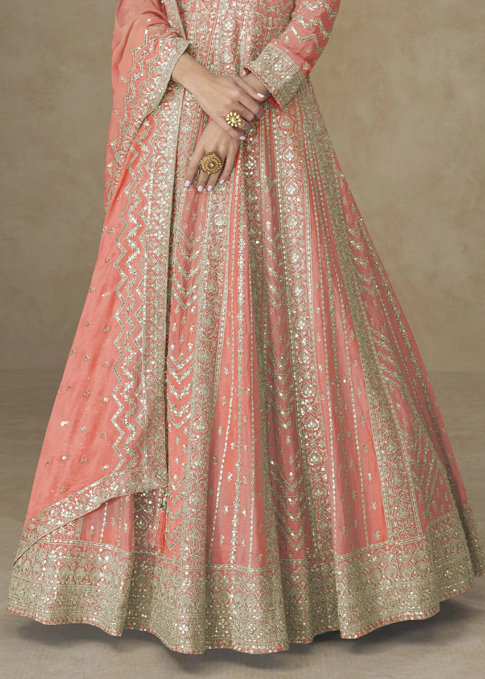 Salmon Orange Chinon Silk Anarkali Gown with Elegant Embroidery Work