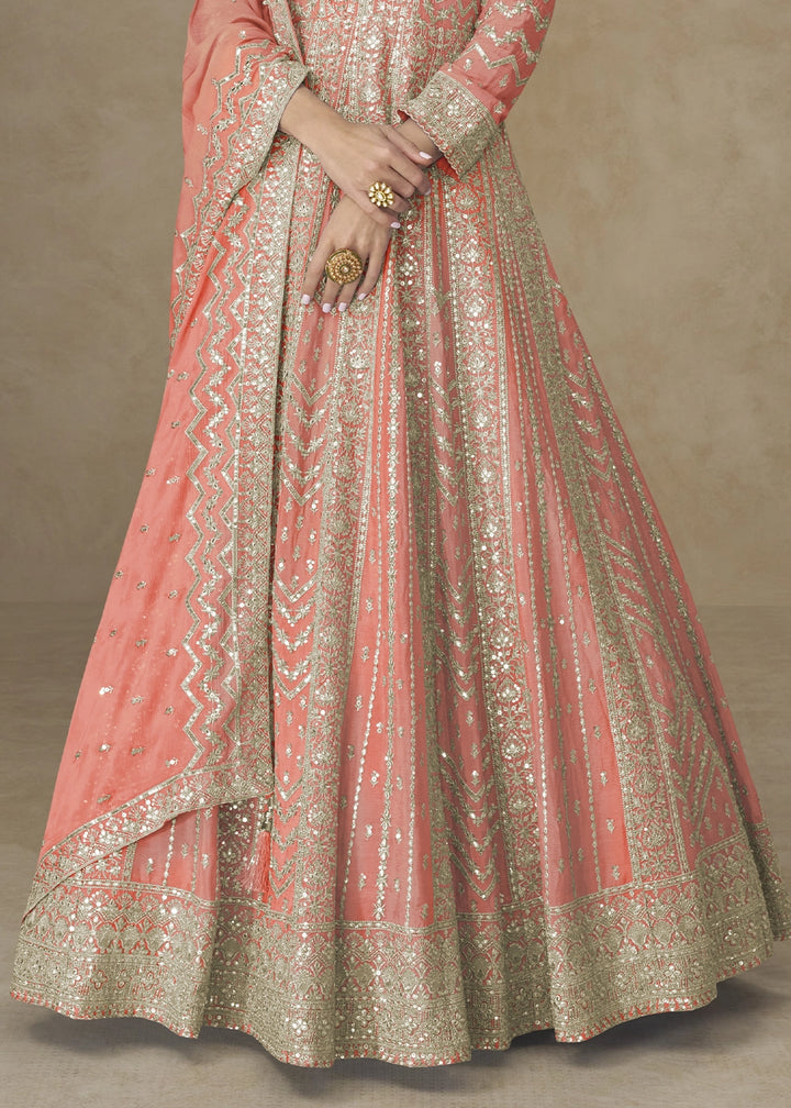 Salmon Orange Chinon Silk Anarkali Gown with Elegant Embroidery Work