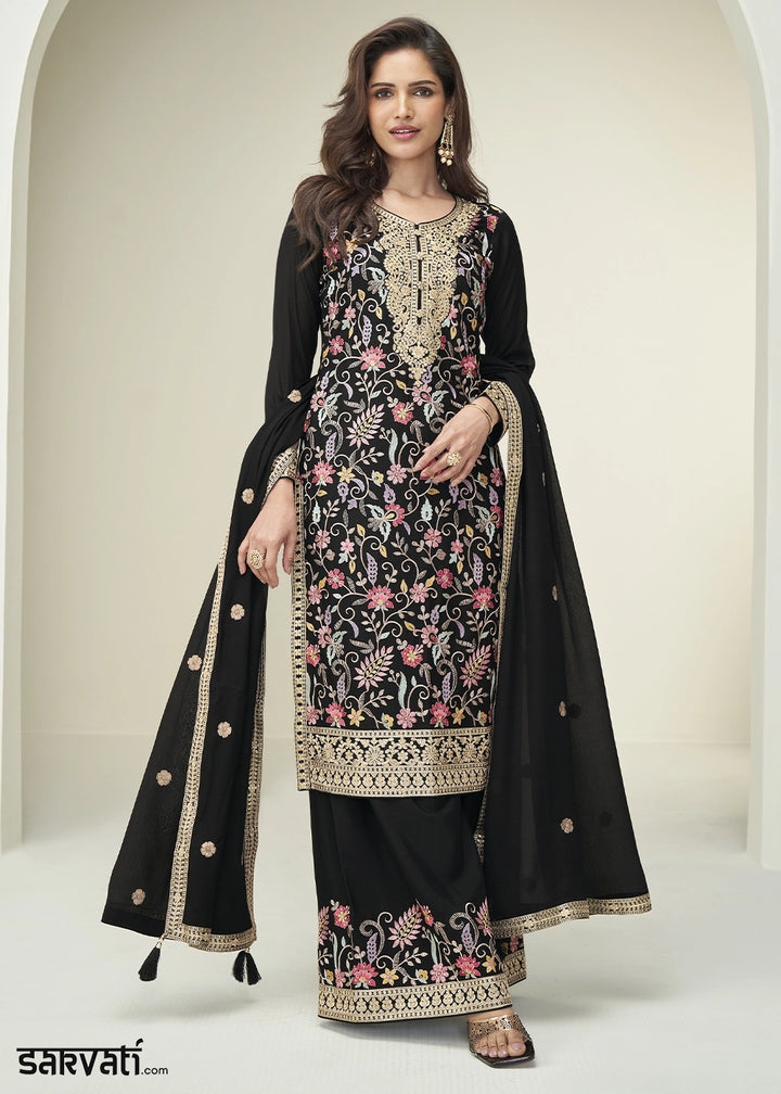 Jade Black Palazzo Suit in Chinon Silk with Elegant Floral Embroidery