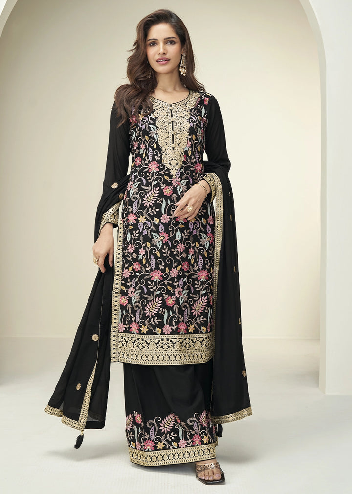 Jade Black Palazzo Suit in Chinon Silk with Elegant Floral Embroidery