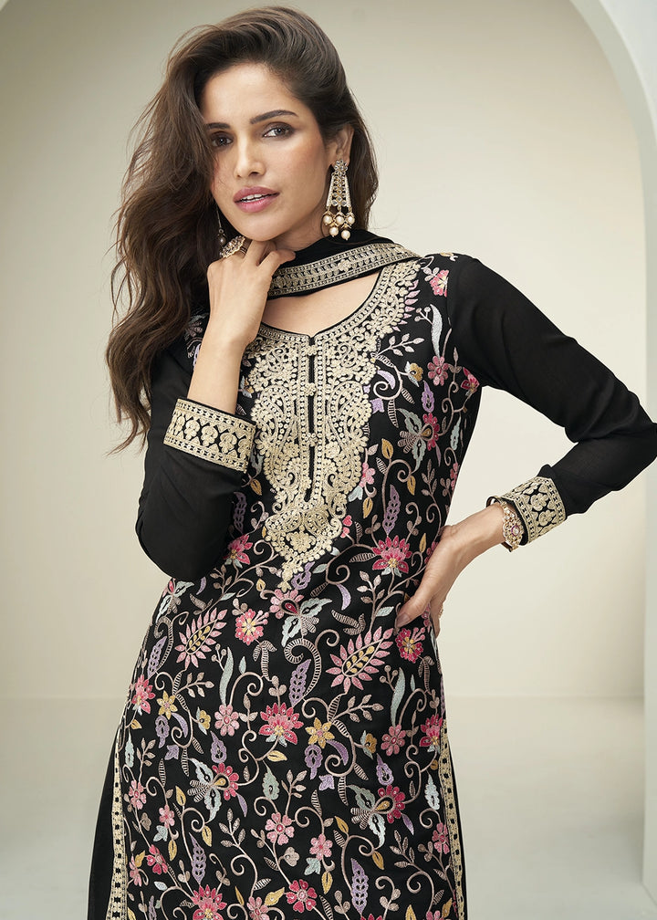 Jade Black Palazzo Suit in Chinon Silk with Elegant Floral Embroidery