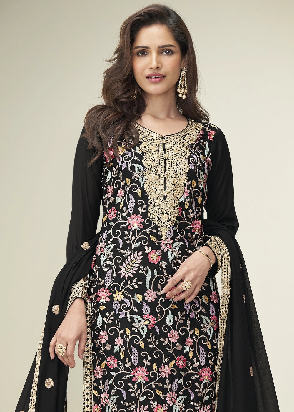 Jade Black Palazzo Suit in Chinon Silk with Elegant Floral Embroidery