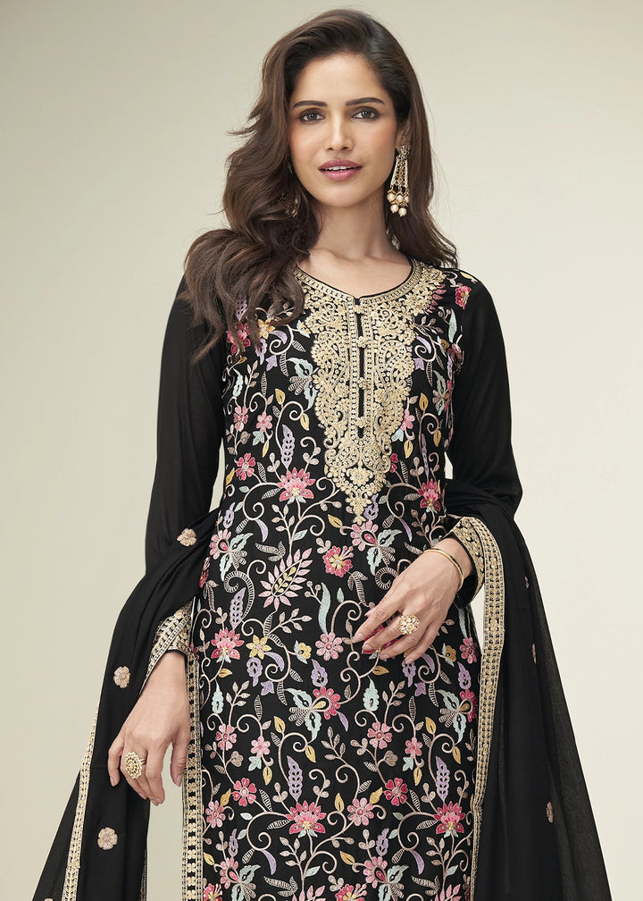 Jade Black Palazzo Suit in Chinon Silk with Elegant Floral Embroidery