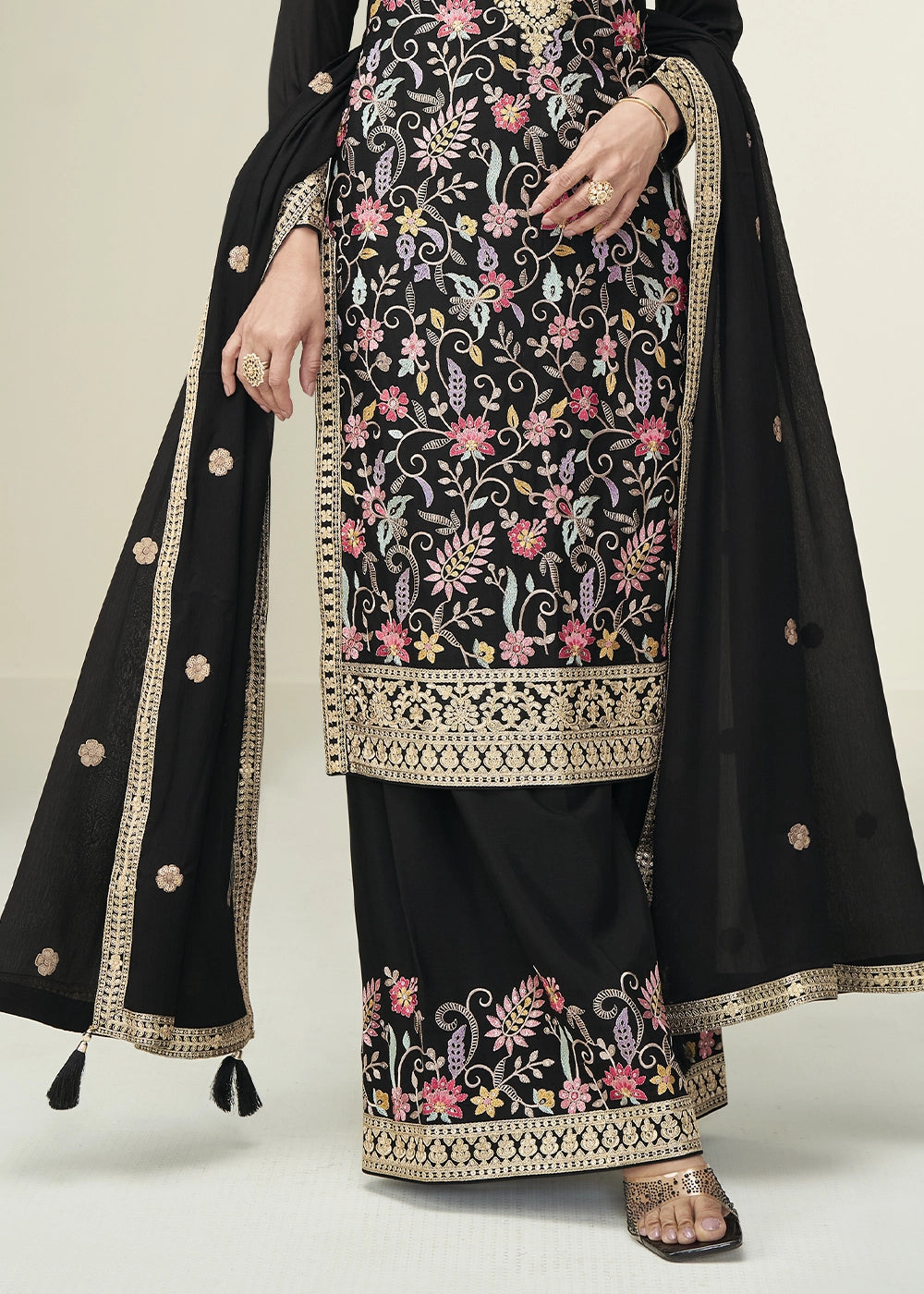 Jade Black Palazzo Suit in Chinon Silk with Elegant Floral Embroidery