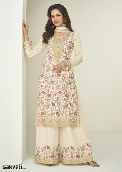 Cream White Palazzo Suit in Chinon Silk with Elegant Floral Embroidery