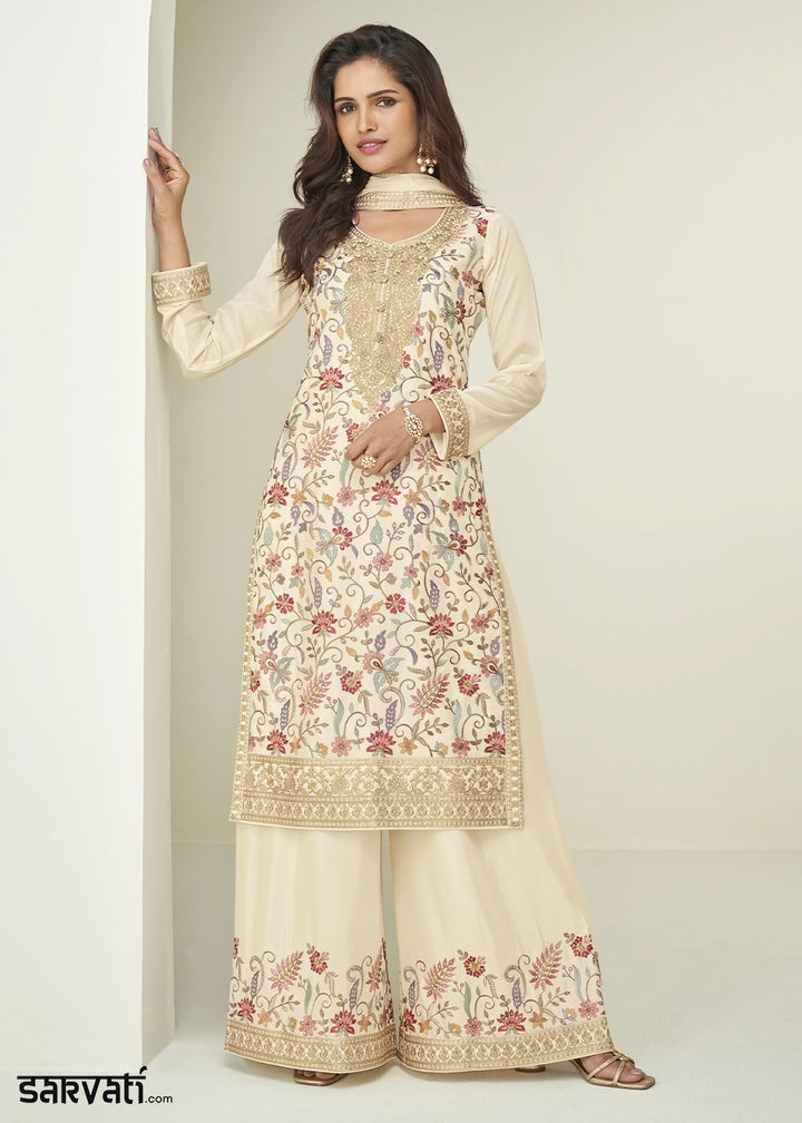 Cream White Palazzo Suit in Chinon Silk with Elegant Floral Embroidery