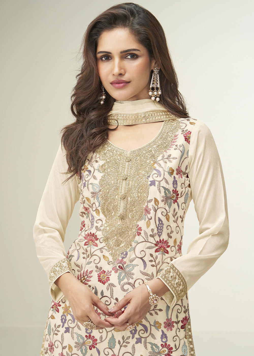Cream White Palazzo Suit in Chinon Silk with Elegant Floral Embroidery