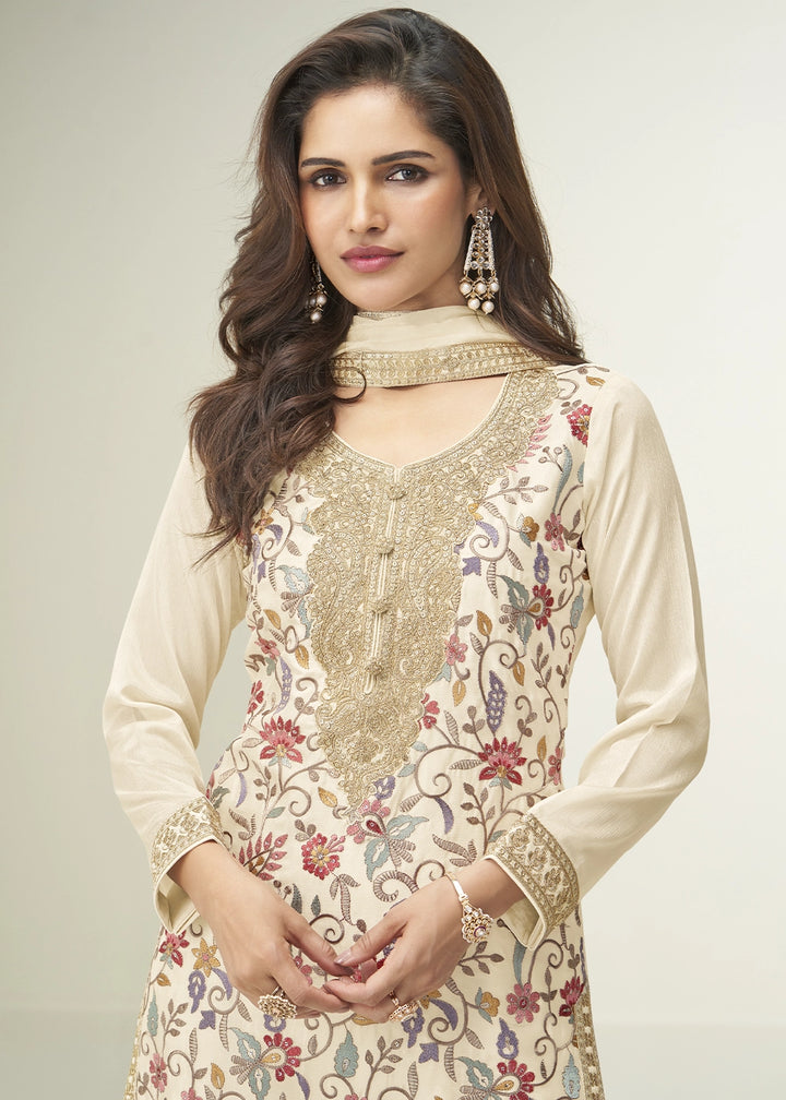 Cream White Palazzo Suit in Chinon Silk with Elegant Floral Embroidery