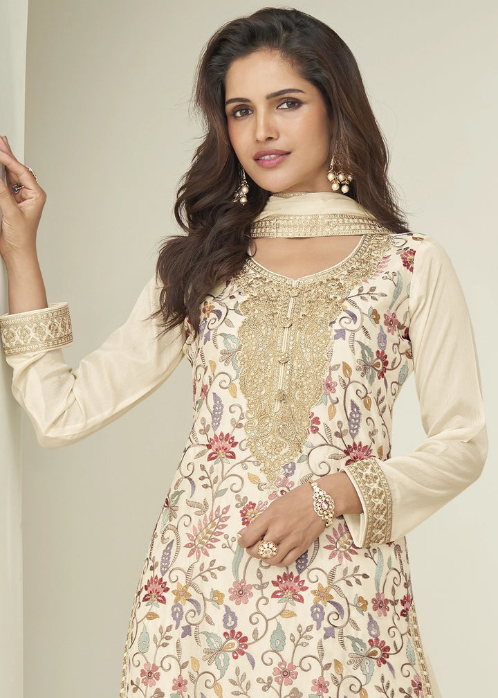 Cream White Palazzo Suit in Chinon Silk with Elegant Floral Embroidery