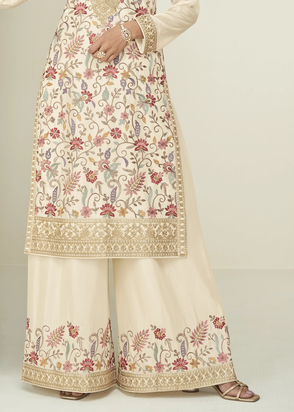 Cream White Palazzo Suit in Chinon Silk with Elegant Floral Embroidery