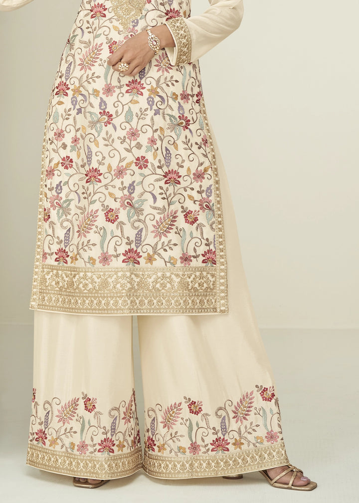 Cream White Palazzo Suit in Chinon Silk with Elegant Floral Embroidery