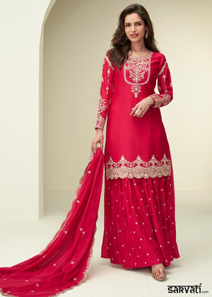 Imperial Red Palazzo Suit in Chinon Silk with Intricate Embroidery