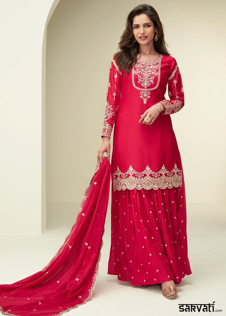 Imperial Red Palazzo Suit in Chinon Silk with Intricate Embroidery