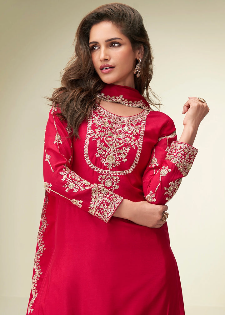 Imperial Red Palazzo Suit in Chinon Silk with Intricate Embroidery