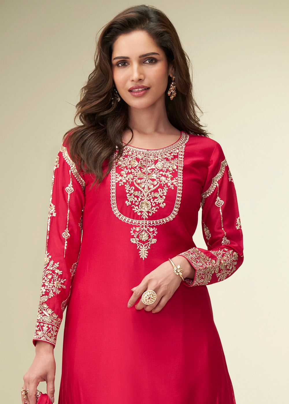 Imperial Red Palazzo Suit in Chinon Silk with Intricate Embroidery