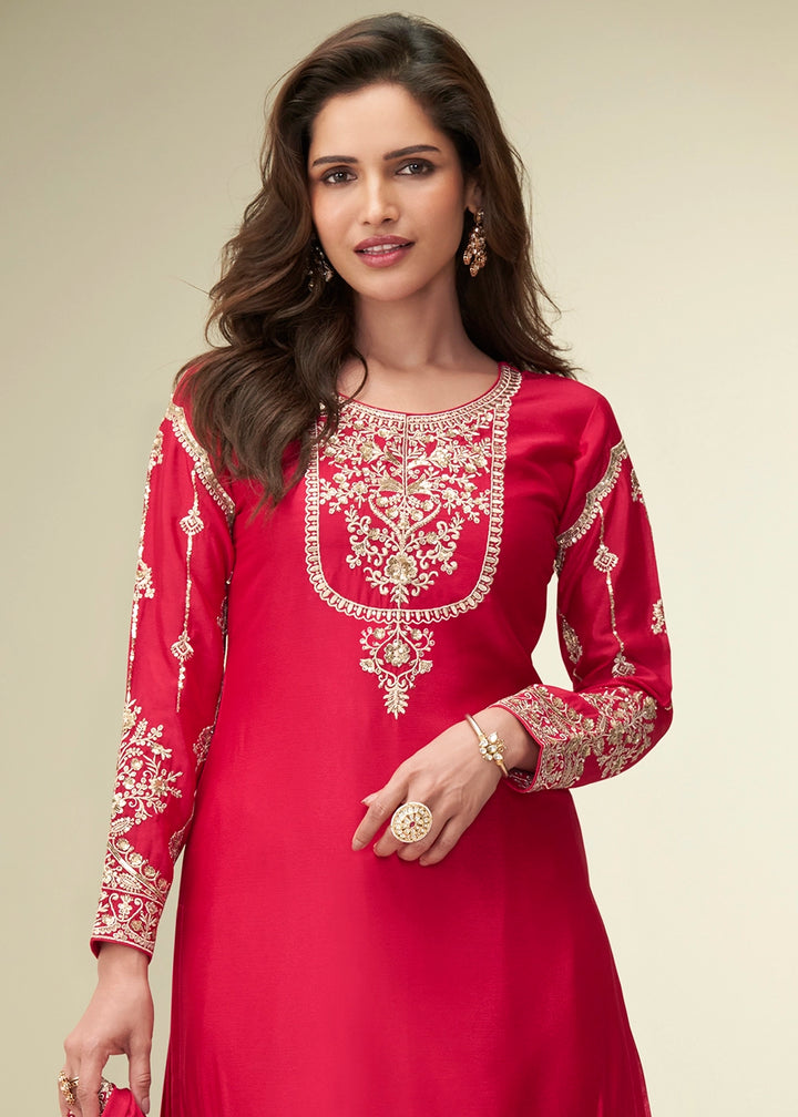 Imperial Red Palazzo Suit in Chinon Silk with Intricate Embroidery