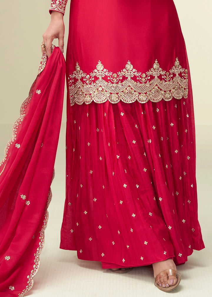 Imperial Red Palazzo Suit in Chinon Silk with Intricate Embroidery