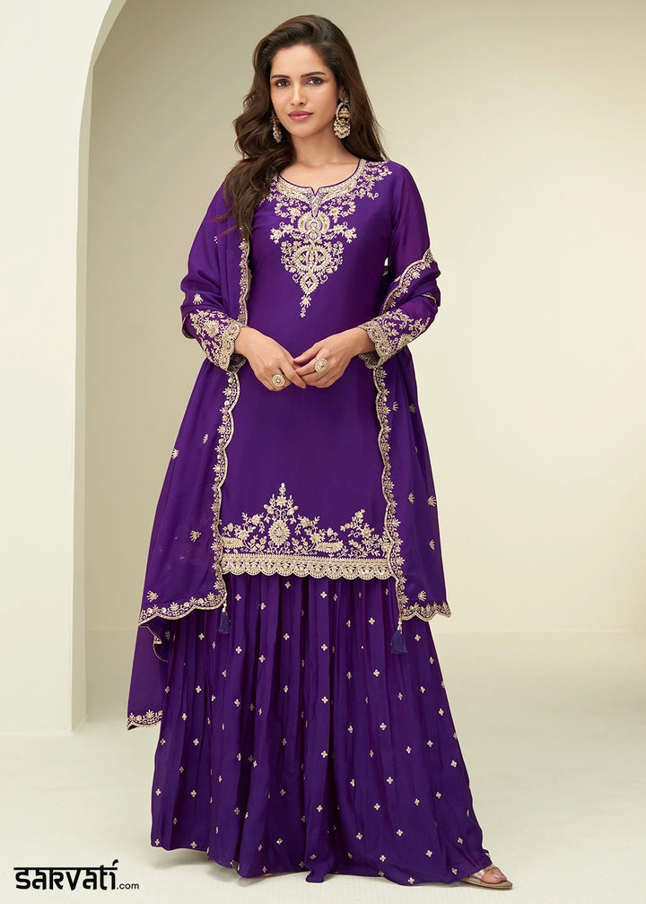 Indigo Purple Palazzo Suit in Chinon Silk with Intricate Embroidery