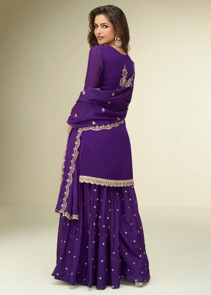 Indigo Purple Palazzo Suit in Chinon Silk with Intricate Embroidery