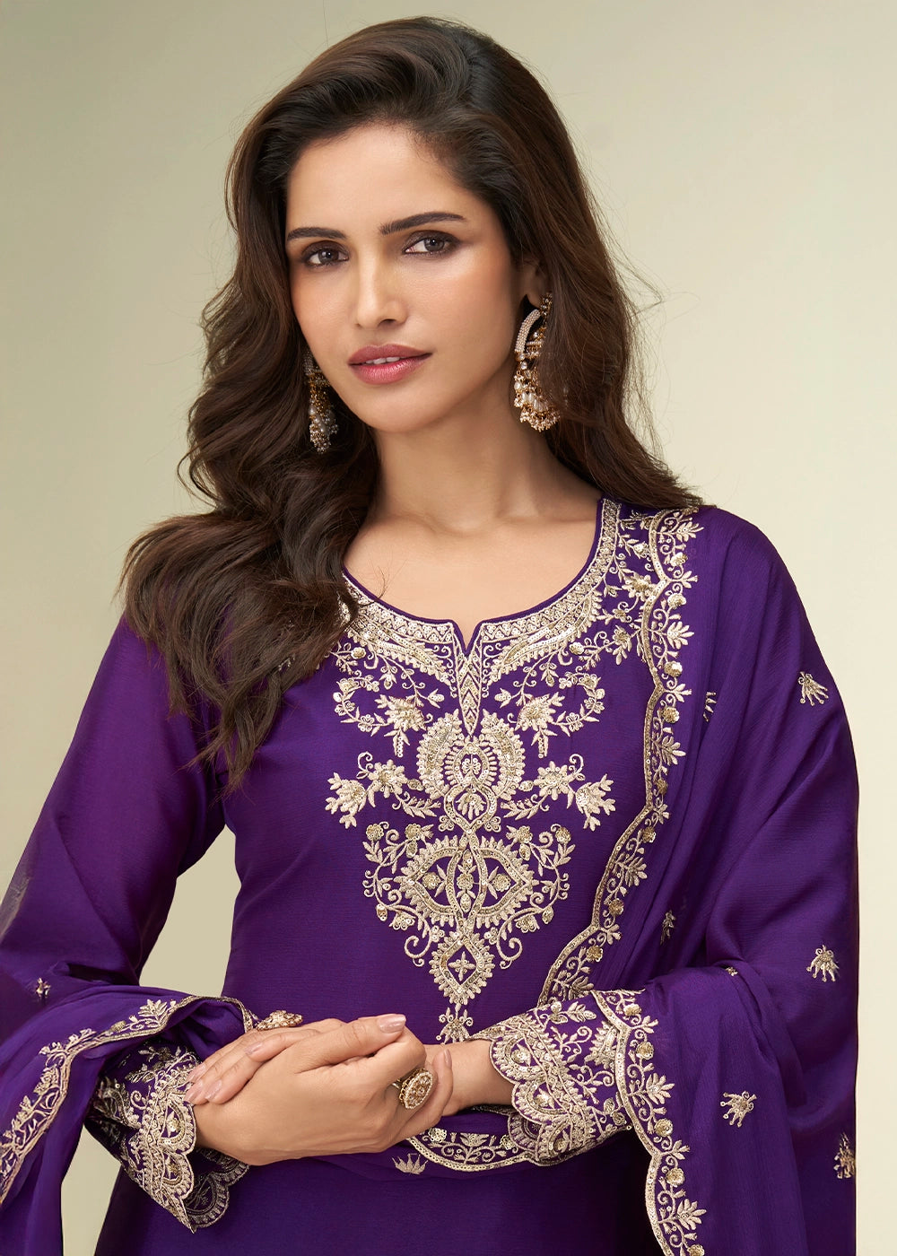 Indigo Purple Palazzo Suit in Chinon Silk with Intricate Embroidery