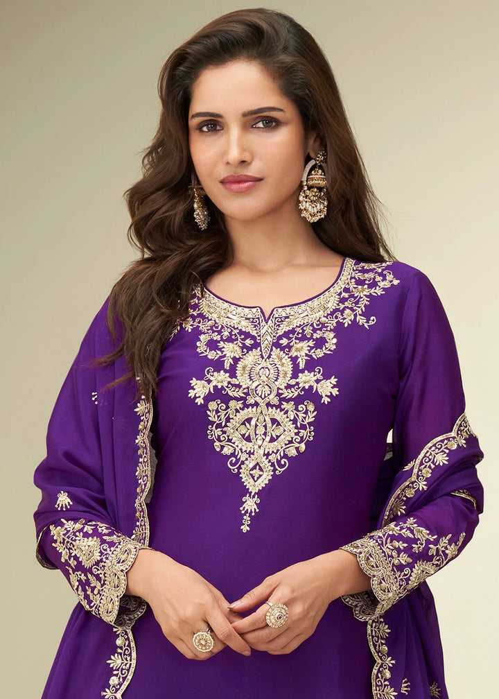 Indigo Purple Palazzo Suit in Chinon Silk with Intricate Embroidery