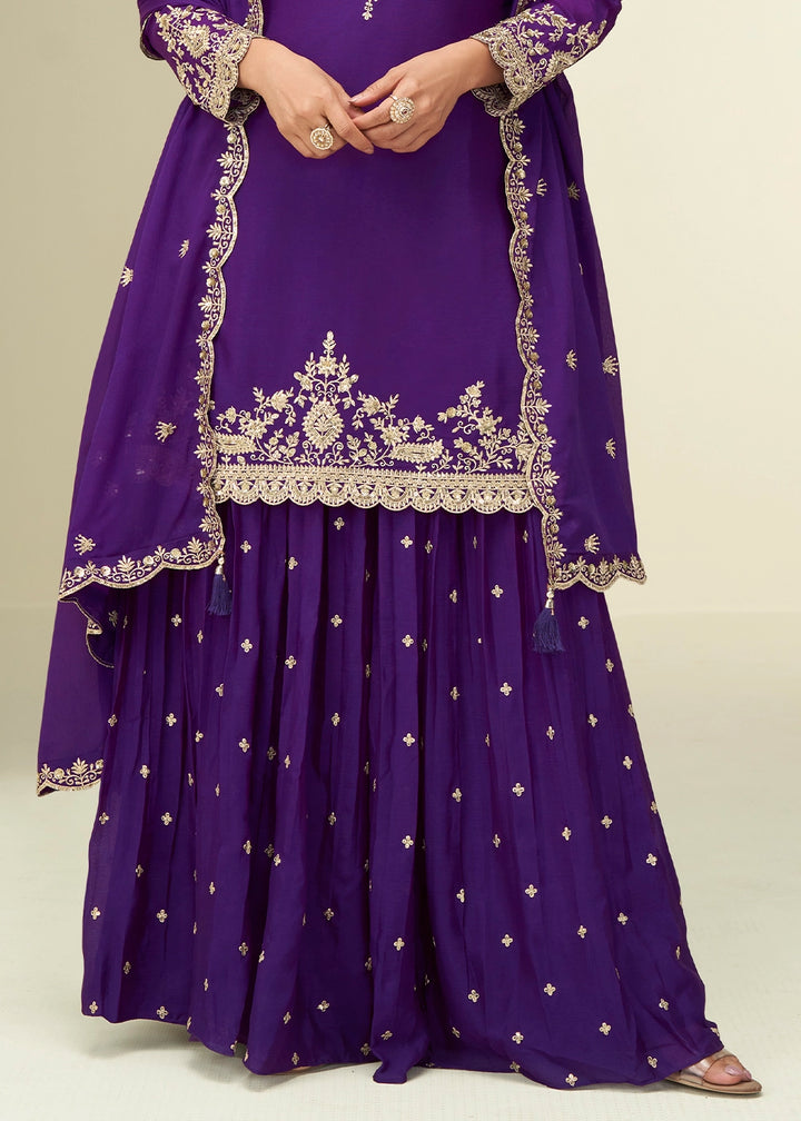 Indigo Purple Palazzo Suit in Chinon Silk with Intricate Embroidery