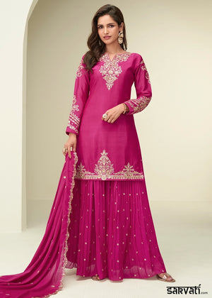Bright Pink Palazzo Suit in Chinon Silk with Intricate Embroidery