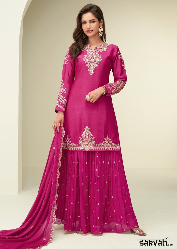 Bright Pink Palazzo Suit in Chinon Silk with Intricate Embroidery