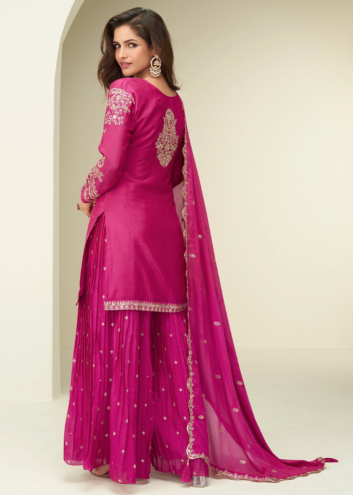 Bright Pink Palazzo Suit in Chinon Silk with Intricate Embroidery