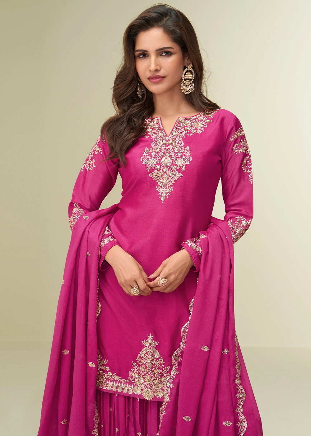 Bright Pink Palazzo Suit in Chinon Silk with Intricate Embroidery