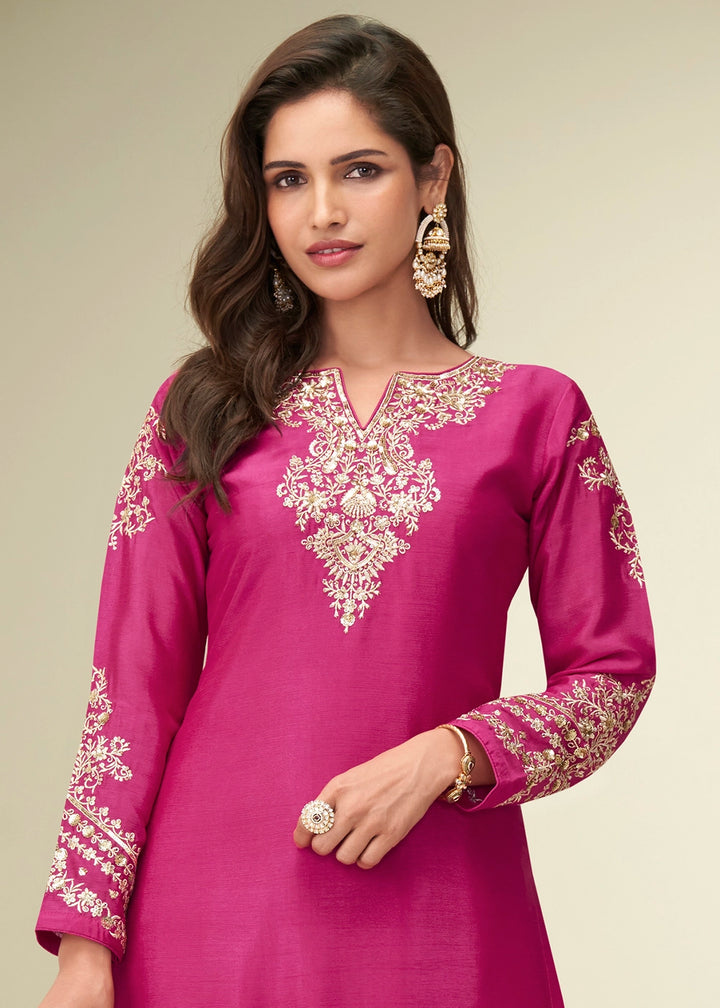 Bright Pink Palazzo Suit in Chinon Silk with Intricate Embroidery