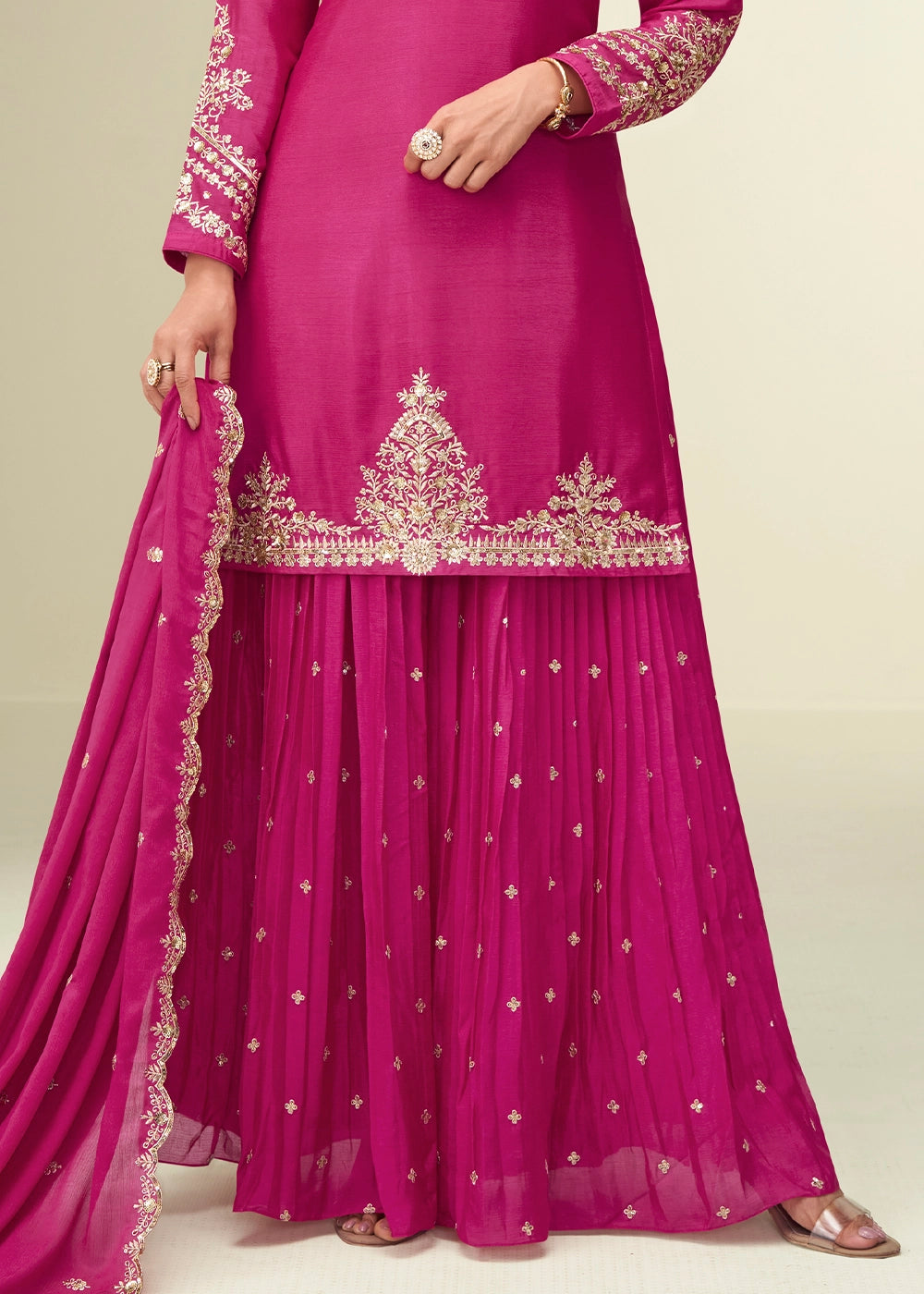 Bright Pink Palazzo Suit in Chinon Silk with Intricate Embroidery
