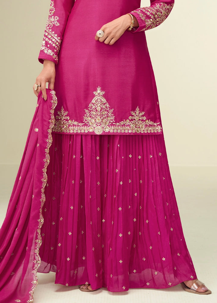 Bright Pink Palazzo Suit in Chinon Silk with Intricate Embroidery