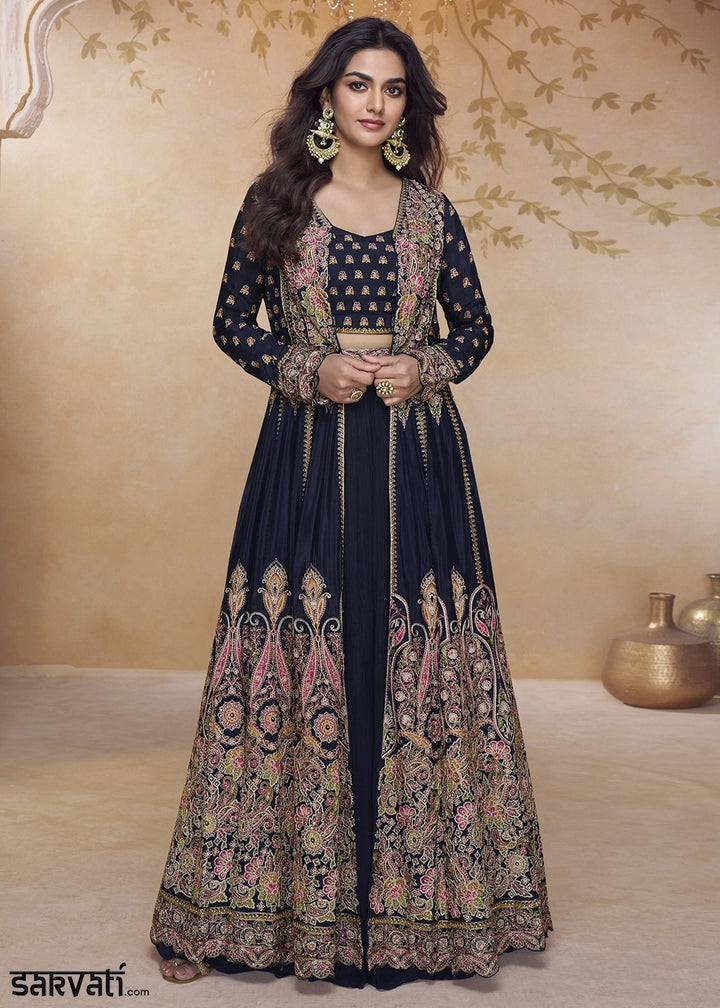 Denim Blue Georgette Skirt Top Ensemble with Embroidered Jacket