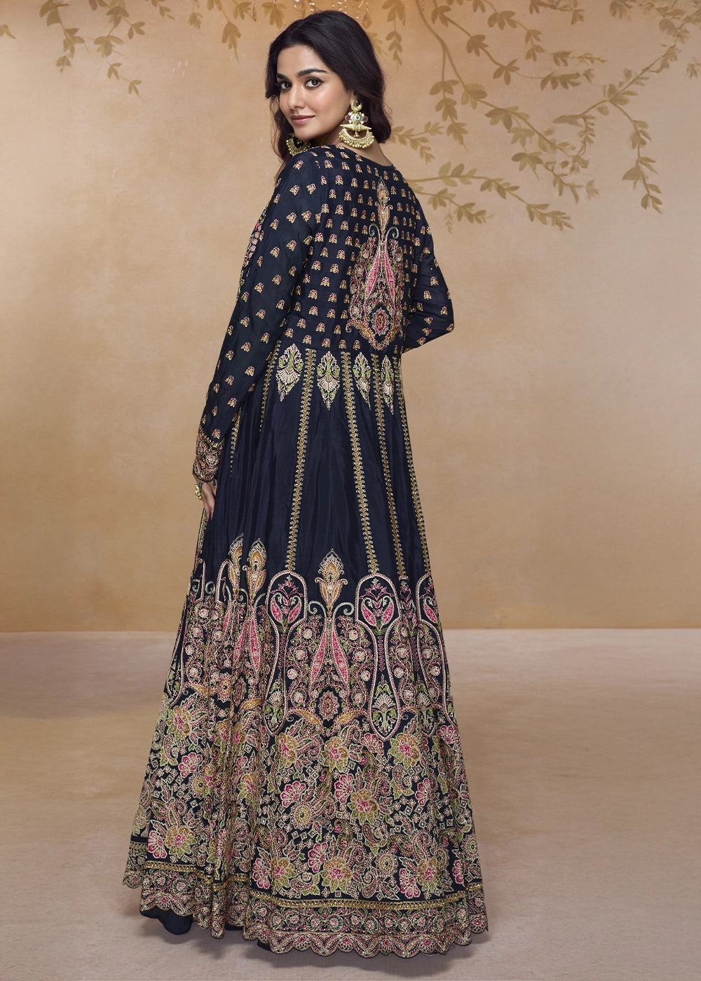 Denim Blue Georgette Skirt Top Ensemble with Embroidered Jacket