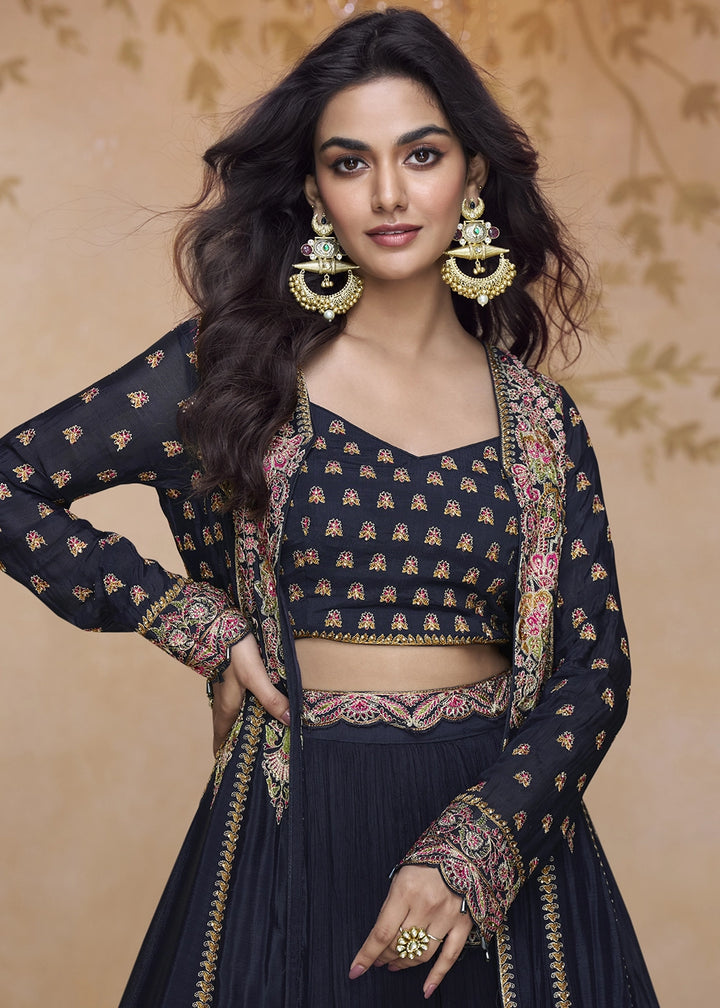 Denim Blue Georgette Skirt Top Ensemble with Embroidered Jacket