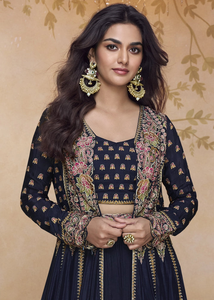 Denim Blue Georgette Skirt Top Ensemble with Embroidered Jacket