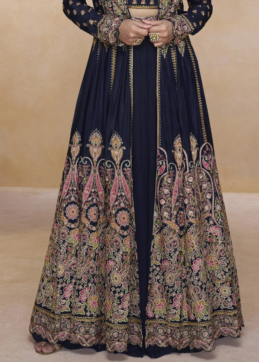 Denim Blue Georgette Skirt Top Ensemble with Embroidered Jacket