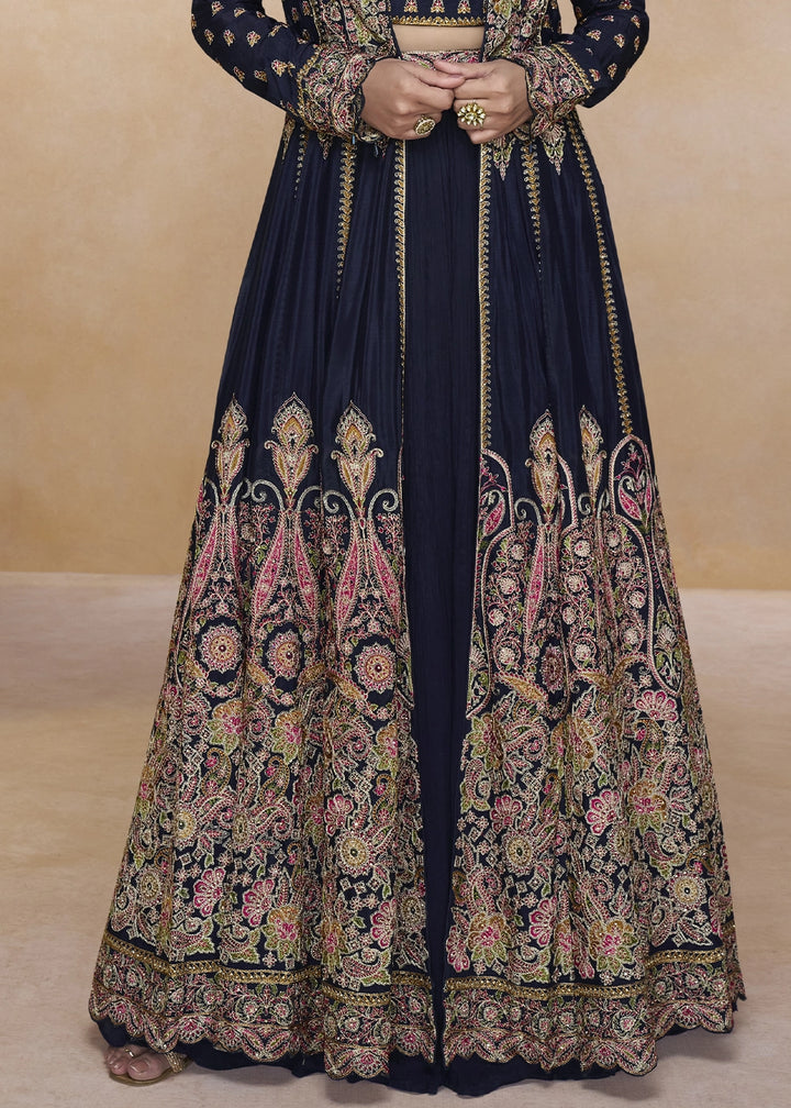 Denim Blue Georgette Skirt Top Ensemble with Embroidered Jacket