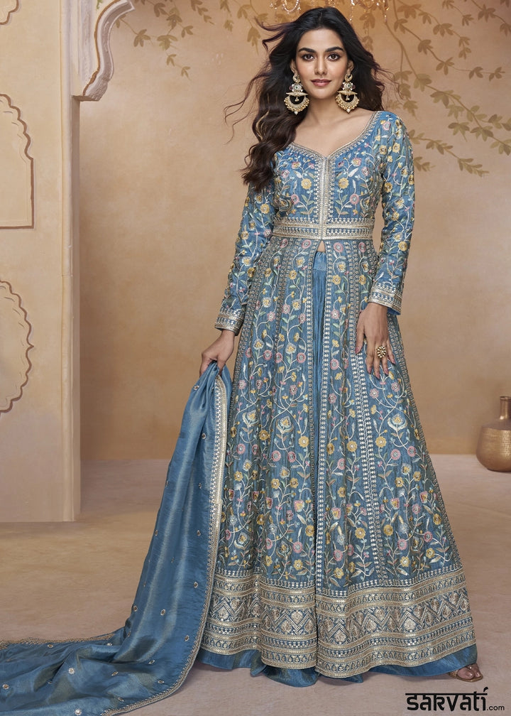 Cerulean Blue Front Slit Anarkali Gown in Simar Silk with Embroidered Work