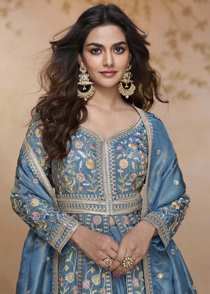 Cerulean Blue Front Slit Anarkali Gown in Simar Silk with Embroidered Work