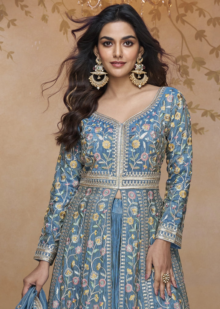 Cerulean Blue Front Slit Anarkali Gown in Simar Silk with Embroidered Work
