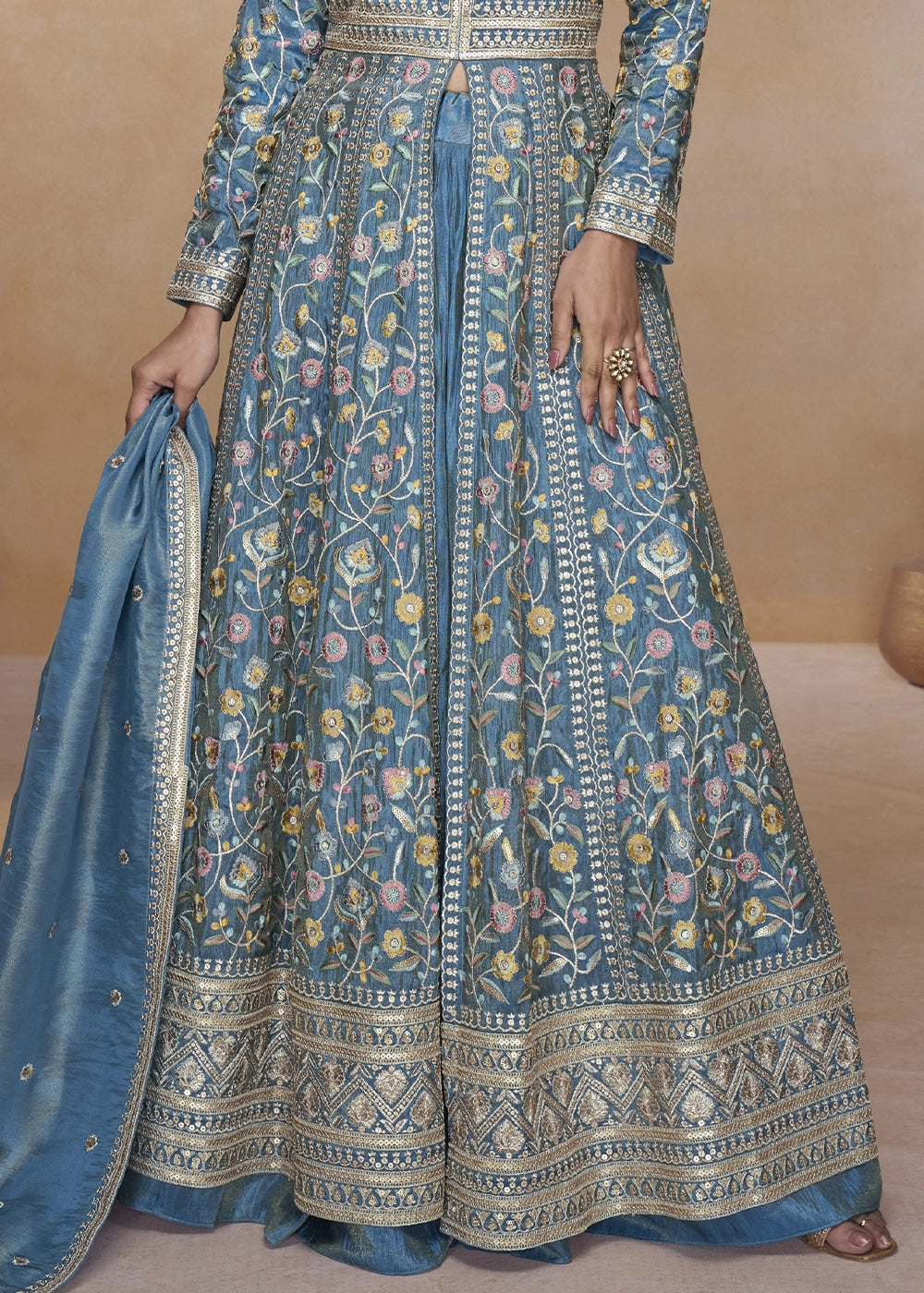 Cerulean Blue Front Slit Anarkali Gown in Simar Silk with Embroidered Work