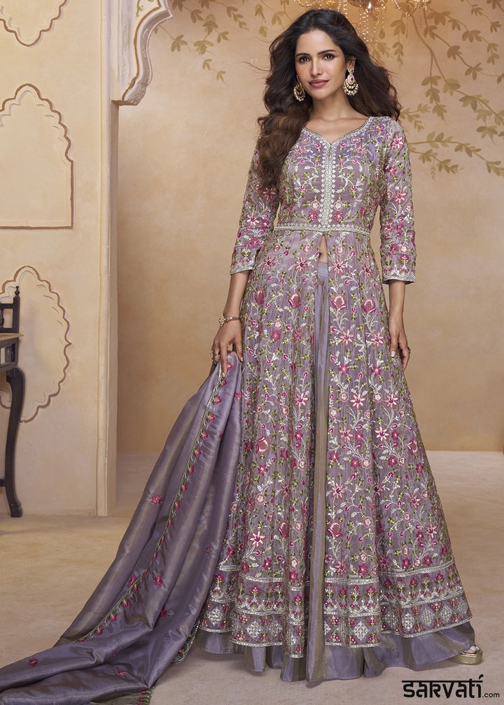 Iris Purple Front Slit Anarkali Gown in Simar Silk with Embroidered Work