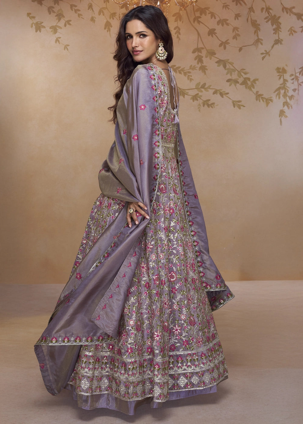 Iris Purple Front Slit Anarkali Gown in Simar Silk with Embroidered Work