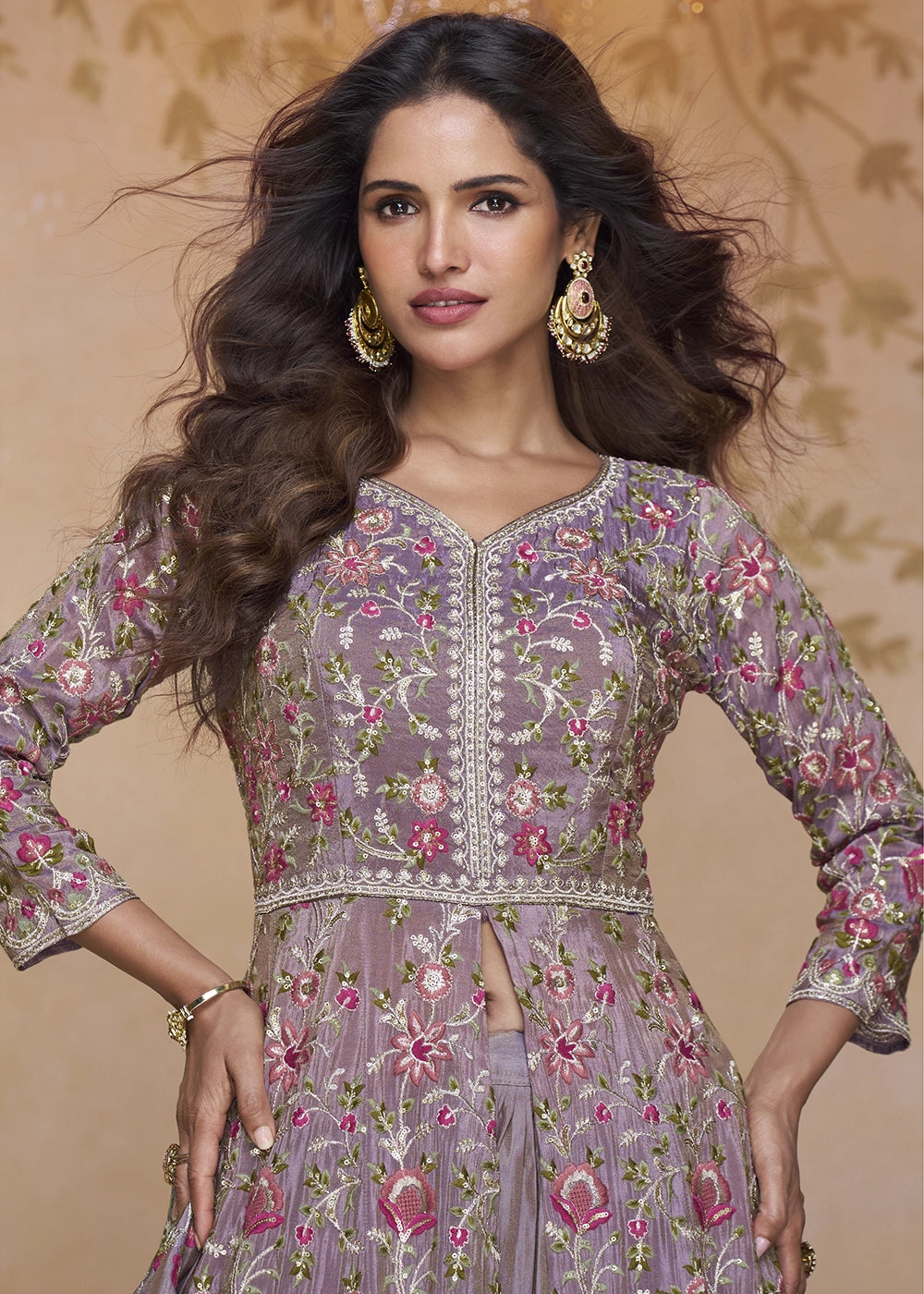 Iris Purple Front Slit Anarkali Gown in Simar Silk with Embroidered Work